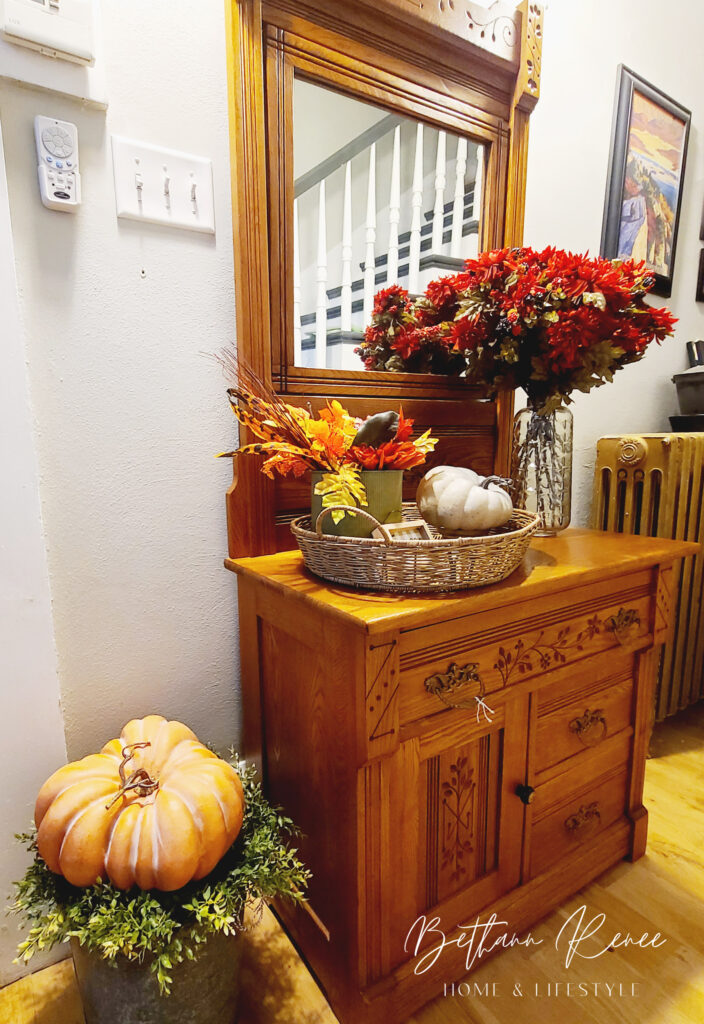 updated fall entry with antique oak washstand